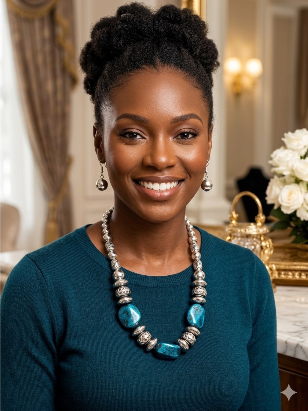 Artisan Joyeria-Silver Bead Necklace with Teal Accent Stones